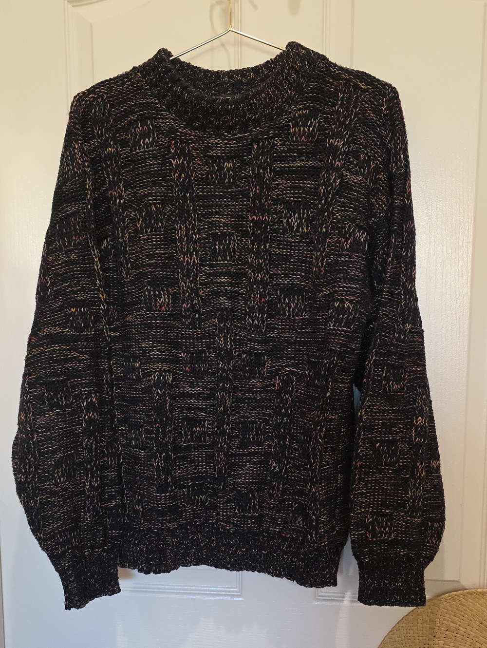 anchor blue Men's Black Crewneck Sweater Multi-Color Flecks Weave Knit Unisex L